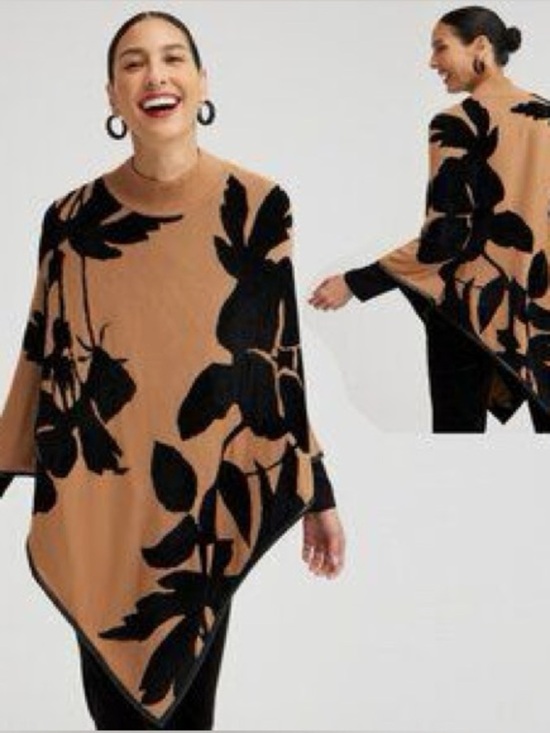 Chico's Sweaters - NWT Chico’s Cameo Blooms Triangle Poncho Camel Black Color size Small/Medium